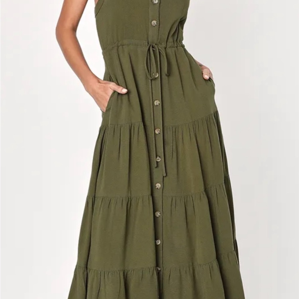 Olive Green Button-Front Tiered Midi Dress from Lulus